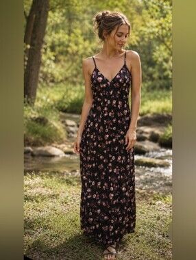 A New Day Black Pink Floral Sleeveless Maxi Slip Dress Small Cottagecore